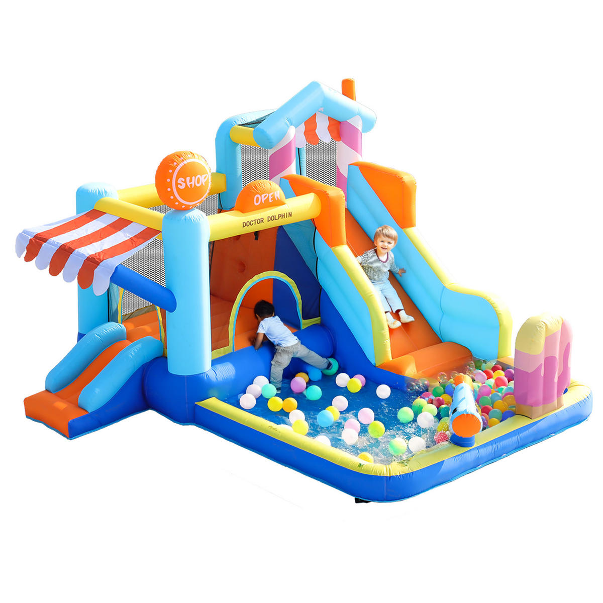 HÜPFBURG Wasserpark Trampolin 450W Gebläse - Blau, Textil (340/395/236cm) - LEBENLANG