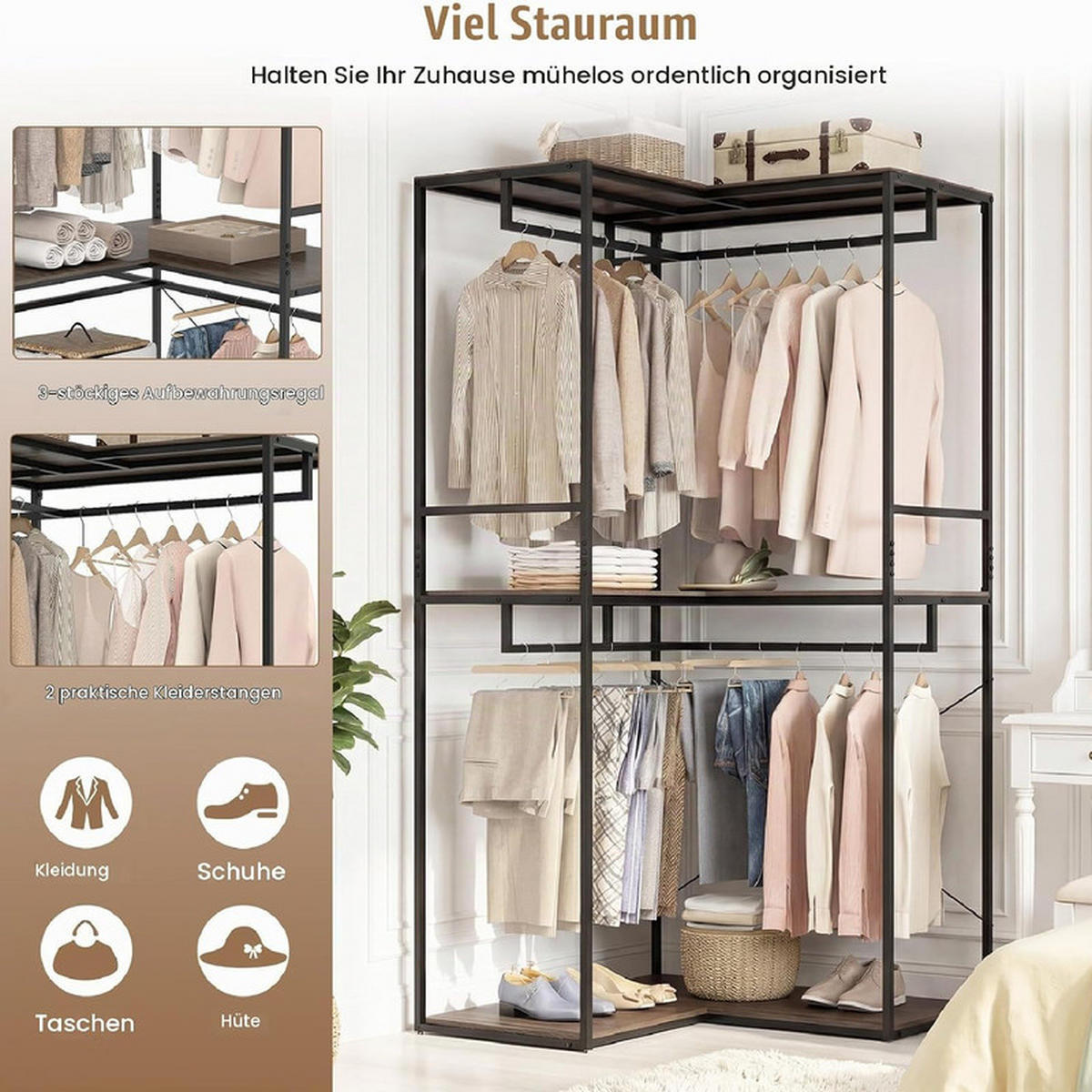 GARDEROBENSTÄNDER mit 3 Ablagen grau - Grau, Metall (100/200/100cm) - COSTWAY