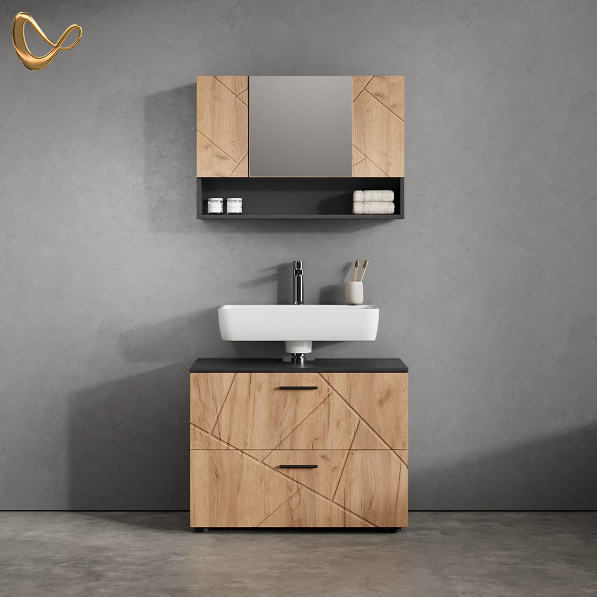 BADMÖBEL-SET Ronco Goldkraft Eiche/Anthrazit 2 Teile, Unterschrank 80 cm - Honigeiche/Anthrazit, Holzwerkstoff (41/80/58cm) - Livinity®