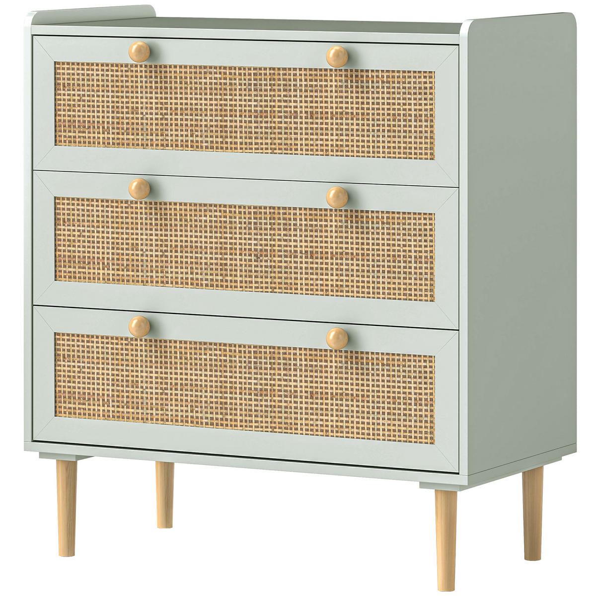 KOMMODE DE-09056 3 Schubladen mit Rattan-Fronten Grün - Grün, Holzwerkstoff (80/87.5/40cm) - ComfortXL