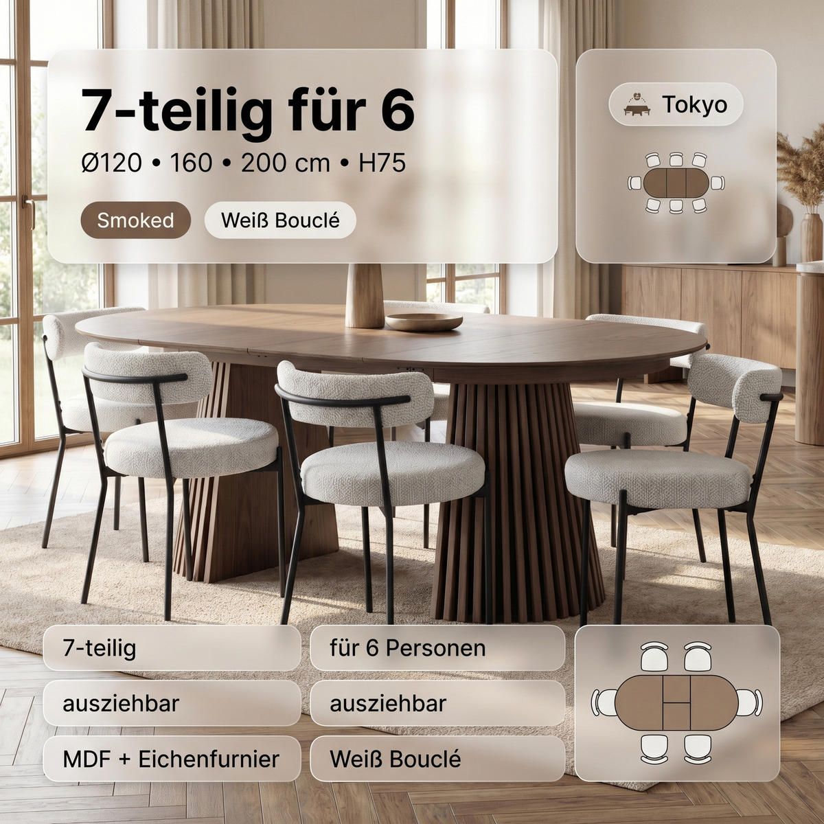 ESSGRUPPE 7-TLG. Tokyo Schwarz, Braun - Creme/Schwarz, Holzwerkstoff/Textil (120/75/120cm) - ebuy24
