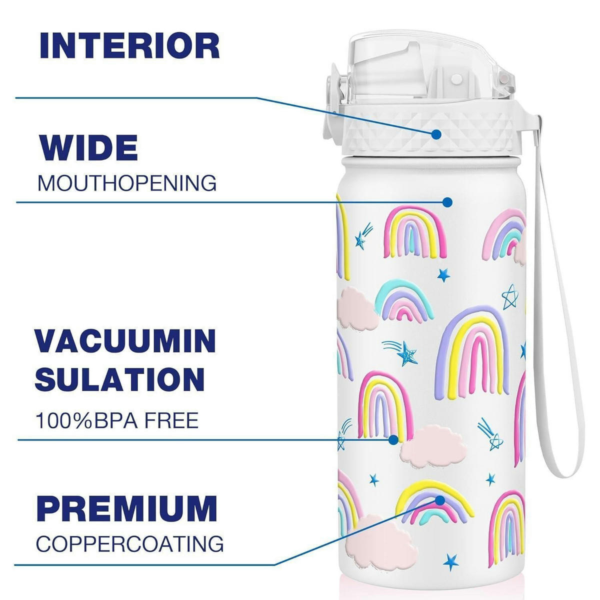 TRINKFLASCHE Kinder 550 ml Edelstahl mit Strohhalm und auslaufsicherem Deckel BPA-frei Weißer Regenbogen - Multicolor, Metall (7.5/7.5cm)