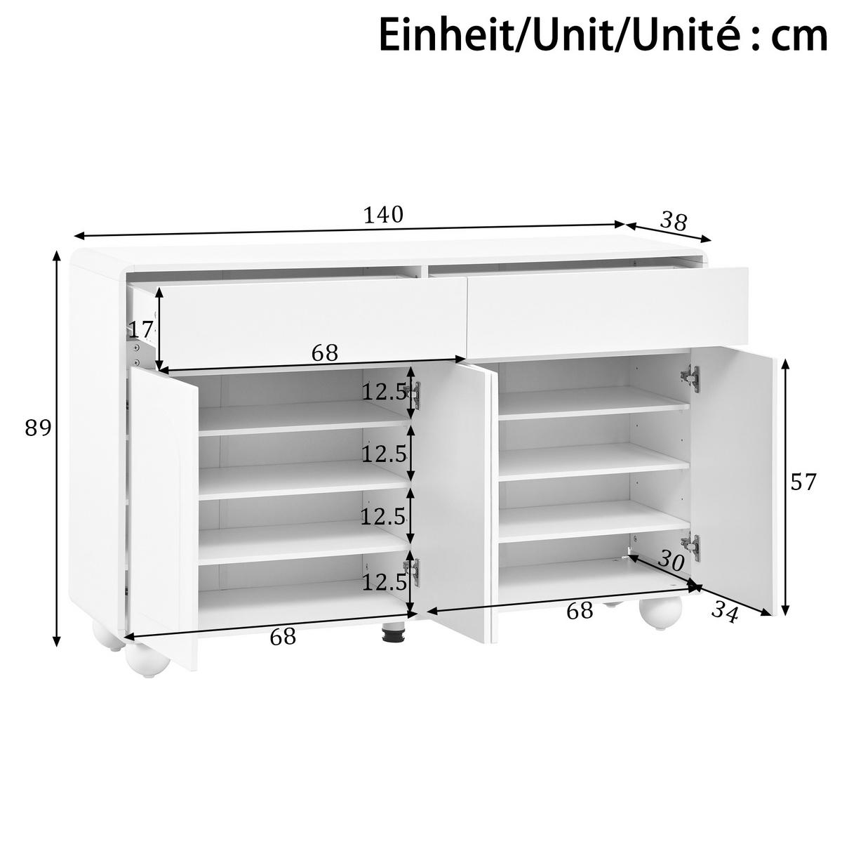 SIDEBOARD 140/38/89 cm Weiß aus Spanplatte und MDF mit 2 Schubladen - Weiß, Holzwerkstoff (140/89/38cm) - OKWISH