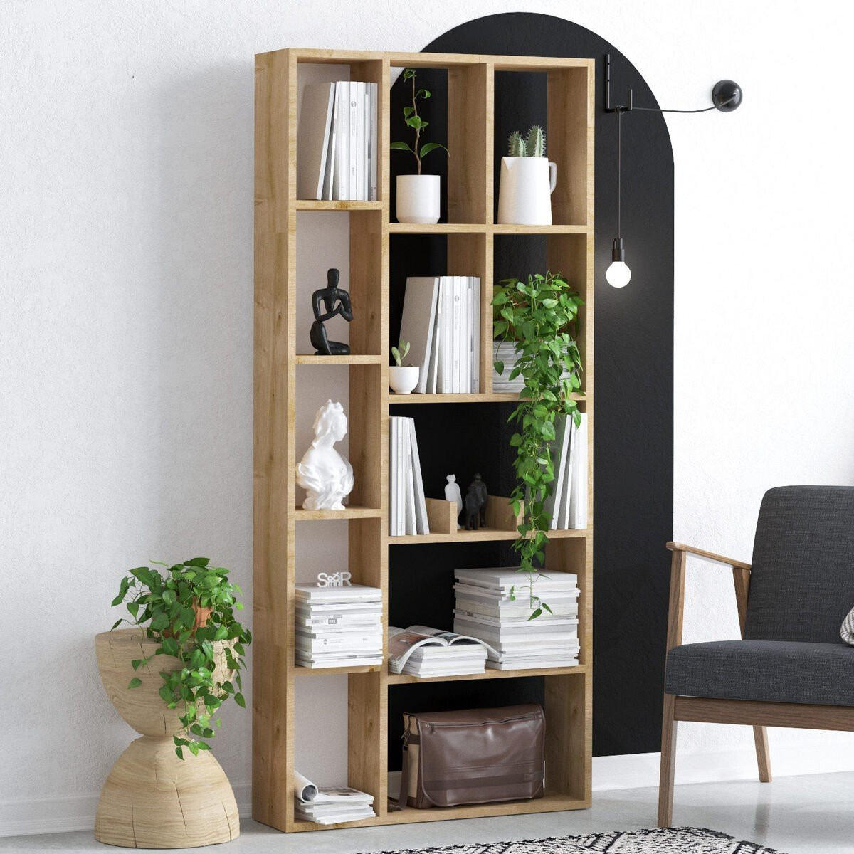 BÜCHERREGAL mit 12 Fächern Dekor Saphir-Eiche 18/170/75 cm - Eichefarben, Holzwerkstoff (75/170/18cm) - Calicosy