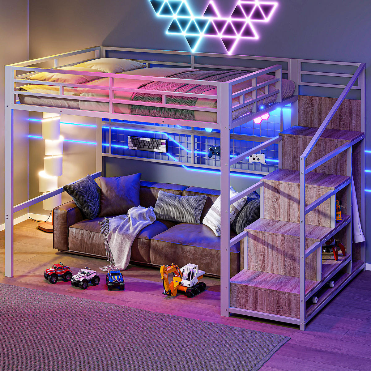 HOCHBETT 140/200 cm in Weiß mit Kleiderschrank, Stauraumleiter und LED - Weiß, Holzwerkstoff/Metall (140/200cm) - STILVORA