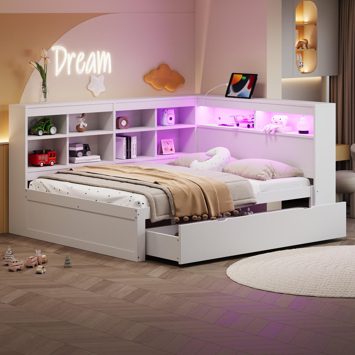 POLSTERBETT 140x200 cm LED USB weiß - Weiß, Holz (140/200cm) - Fortuna Lai