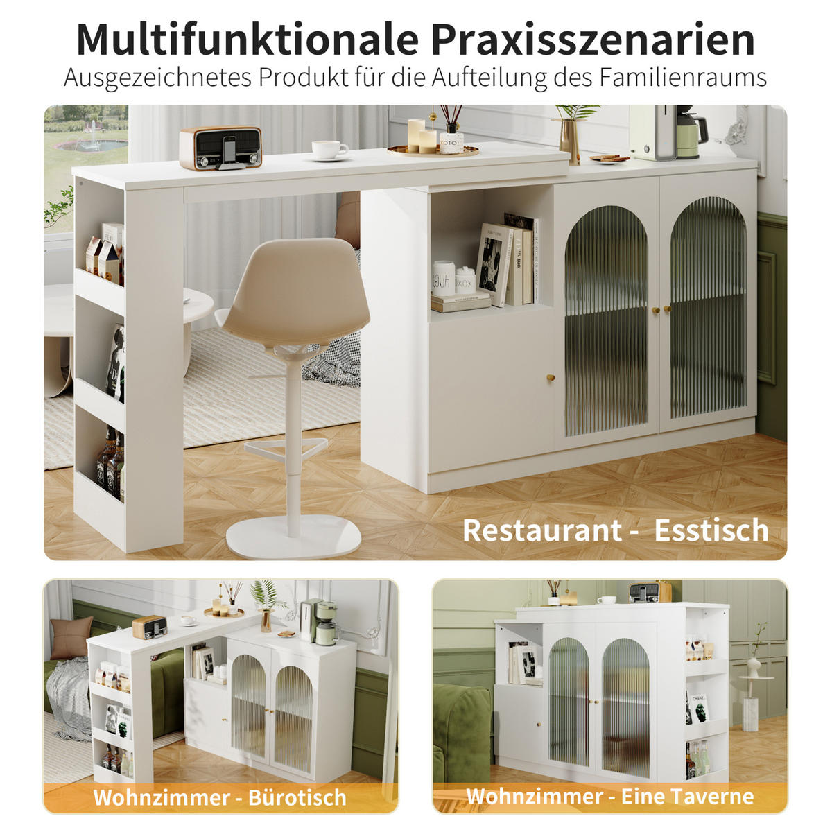 BAROVÁ skříň 120/40/97 cm bílá z MDF s otočným 360° designem a skleněnými dvířky - bílá, kompozitní dřevo (120/40/103cm) - OKWISH