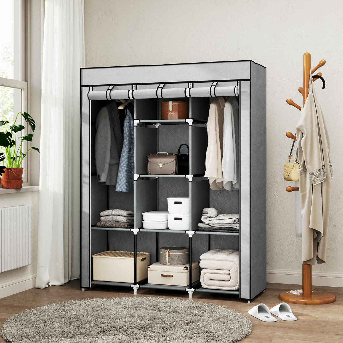 STOFFSCHRANK DE-17220 8 Böden & 2 Kleiderstangen Hellgrau - Hellgrau, Metall (43/162.5/125cm) - ComfortXL