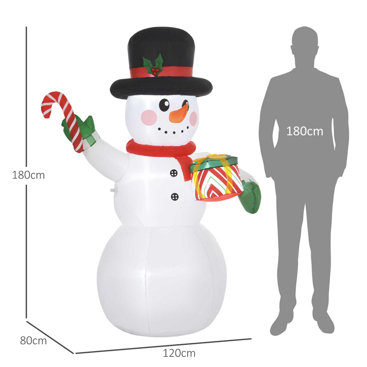 WEIHNACHTSDEKO Schneemann mit Zuckerstange & Geschenk 180 cm, selbstaufblasbar, LEDs - Weiß, Kunststoff (80/180/120cm) - Outsunny