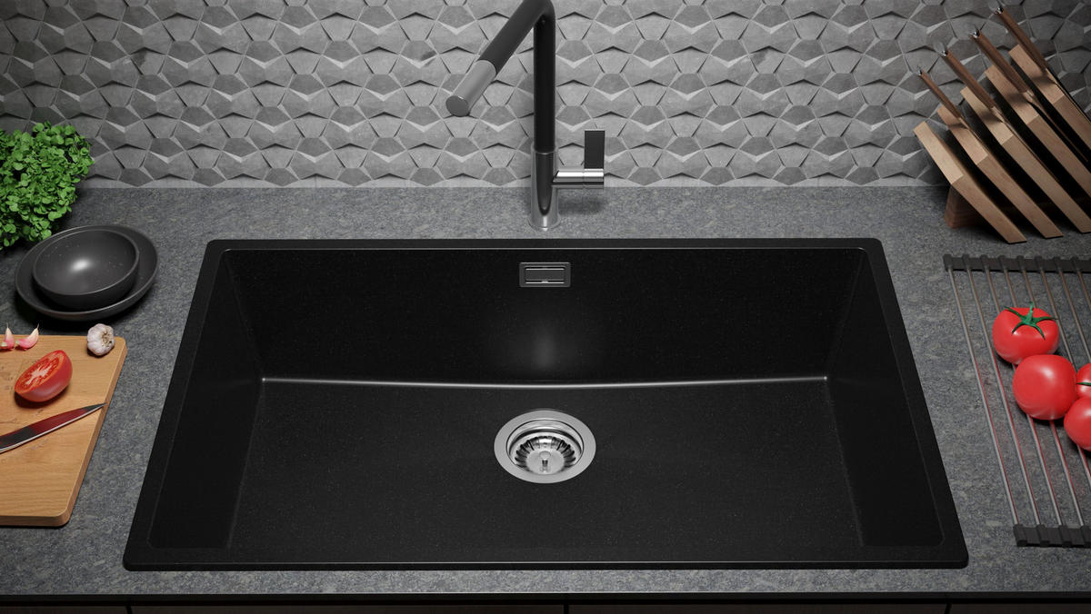 GRANITSPÜLE London Slim, 2-er set Schwarz 76/47 cm 1 Becken + Küchenarmatur 32/20 cm + Ablauf-Set ab 80er Unterschrank - Chromfarben/Schwarz, Kunststoff (76/20/47cm) - Primagran