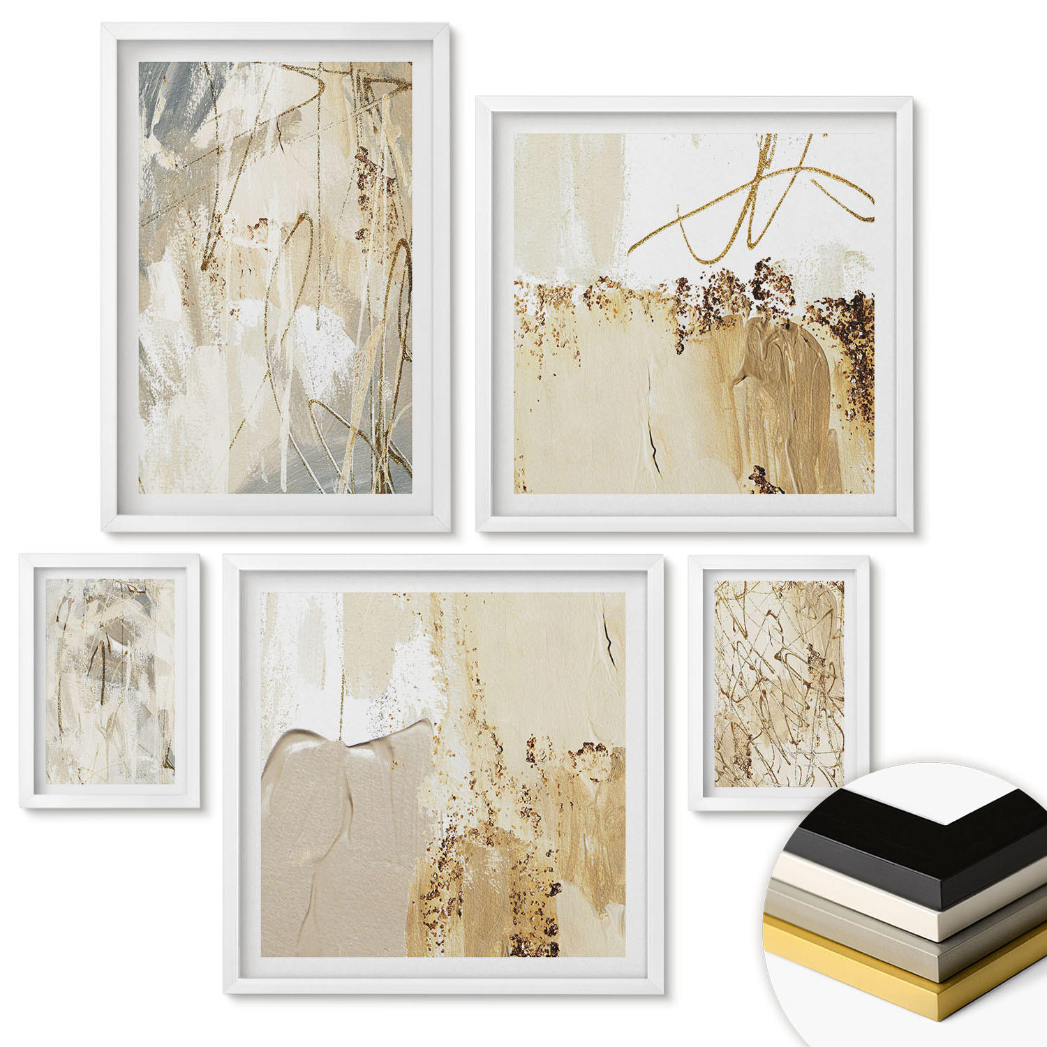 WANDBILDER 5er-Set - 50x50 cm & 20x30 cm & 40x60 cm Weißer Rahmen - Haus am Wasser, Toastsegelboot - Weiß, Kunststoff (40/60cm) - ArtPrintCave