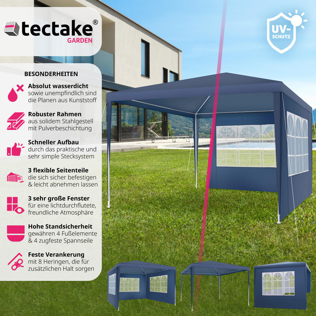 PAVILLON Baraban,inklusive Spannseile und Heringe,blau - Blau, Kunststoff (300/250/300cm) - tectake