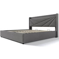 POLNJENA postelja iz bombažnega lanu 160x200 cm siva z USB in Type-C polnjenjem, predalom za shranjevanje in letvenim dnom - siva, tekstil (160/200cm) - Modfu