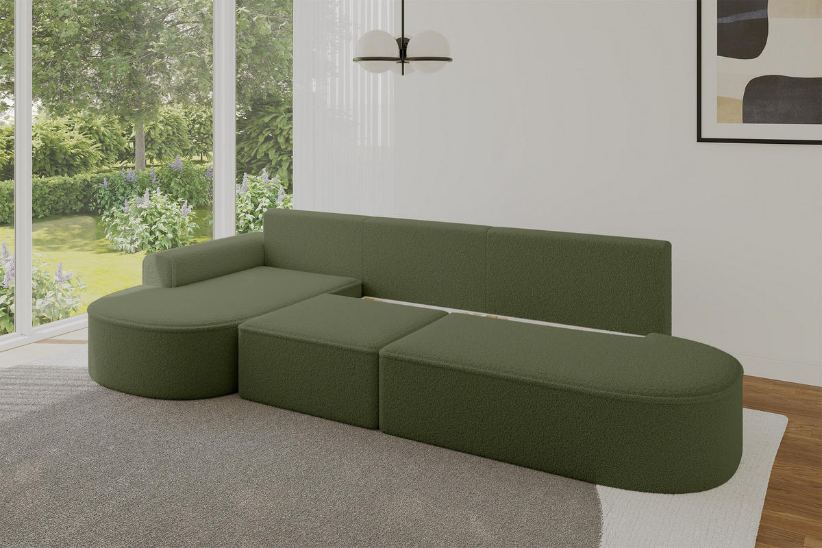 ECKSOFA mit Schlaffunktion Ottomane Links MARI L2-S 368X167X85 Grün Bouclé - Schwarz/Grün, Holzwerkstoff/Kunststoff (368/167cm) - ALTDECOR
