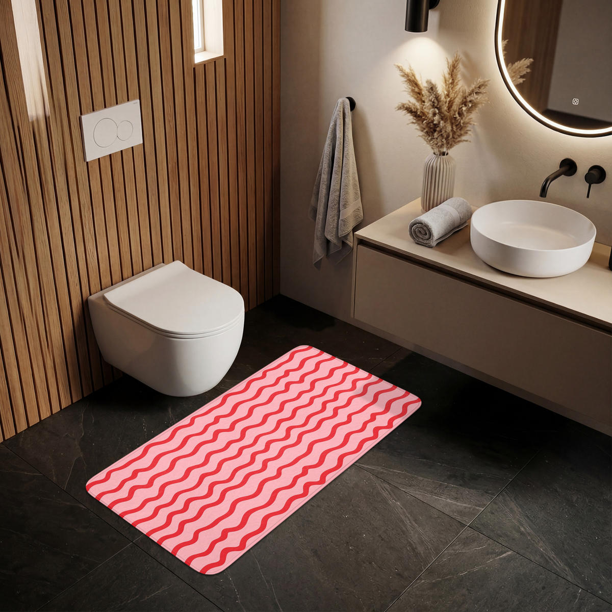 KÚPEĽŇOVÁ PREDLOŽKA Hravé - vzor - červená 120x60 cm - ružová, textil/plast (120/60cm) - OnlyWow