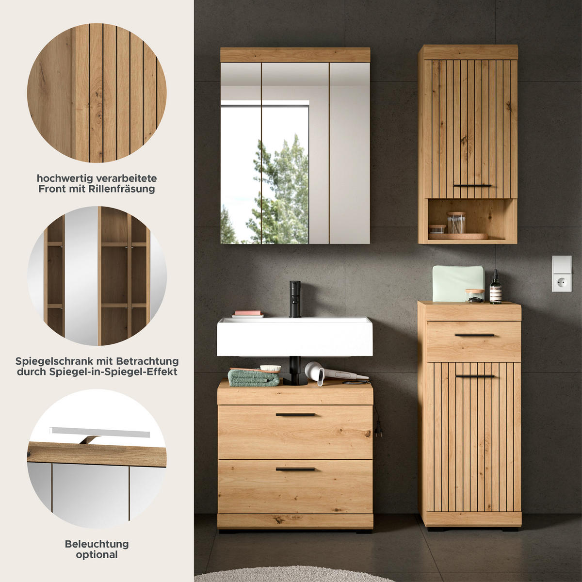 BADEZIMMER Vento 4-tlg. (B/H/T: ca. 112/191/34 cm) in Artisan Eiche /Artisan Eiche - Eiche Artisan, Holz (112/191/34cm)