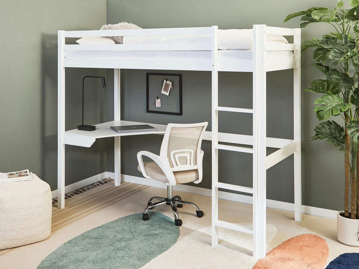 HOCHBETT MIT SCHREIBTISCH 90x200 cm Weiß Loury - Weiß, Holz (90/200cm) - Beliani