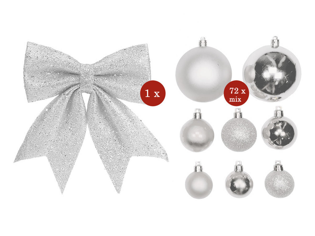 WEIHNACHTSBAUM künstlicher 150 cm, SILBERWEIHNACHTEN, mit 73-teiligem Weihnachtsbaumschmuck, inkl. Metallständer und Aufbewahrungsbox - Silberfarben/Weiß, Kunststoff/Textil (96/150cm) - LAALU
