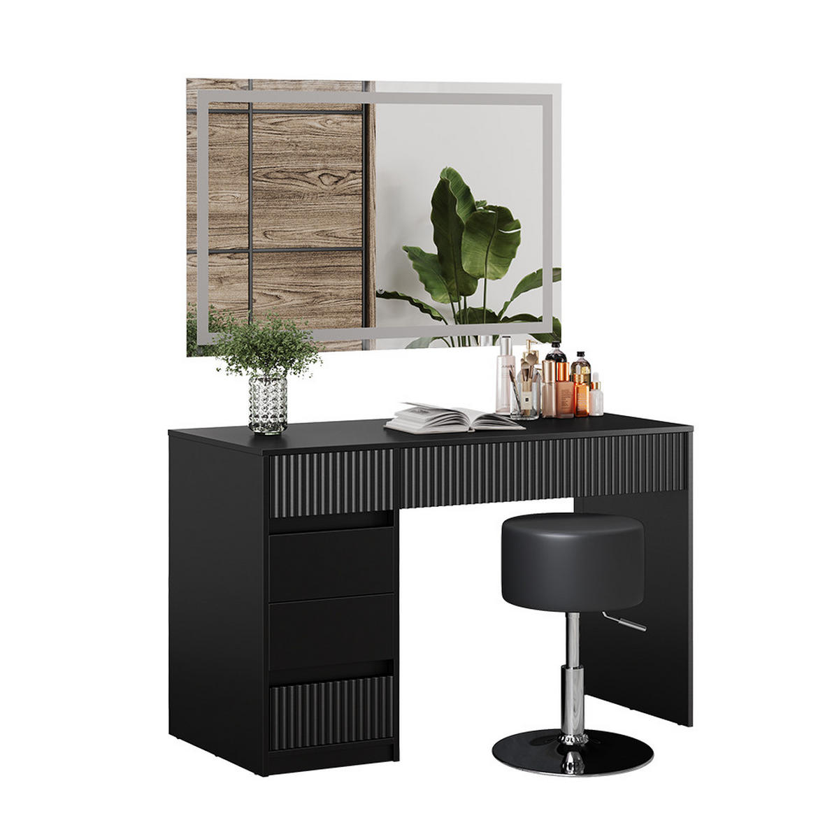 SCHMINKTISCH Omira Schwarz 120 cm mit LED-Spiegel und Hocker - Schwarz, Holzwerkstoff (120/76/55cm) - Vicco