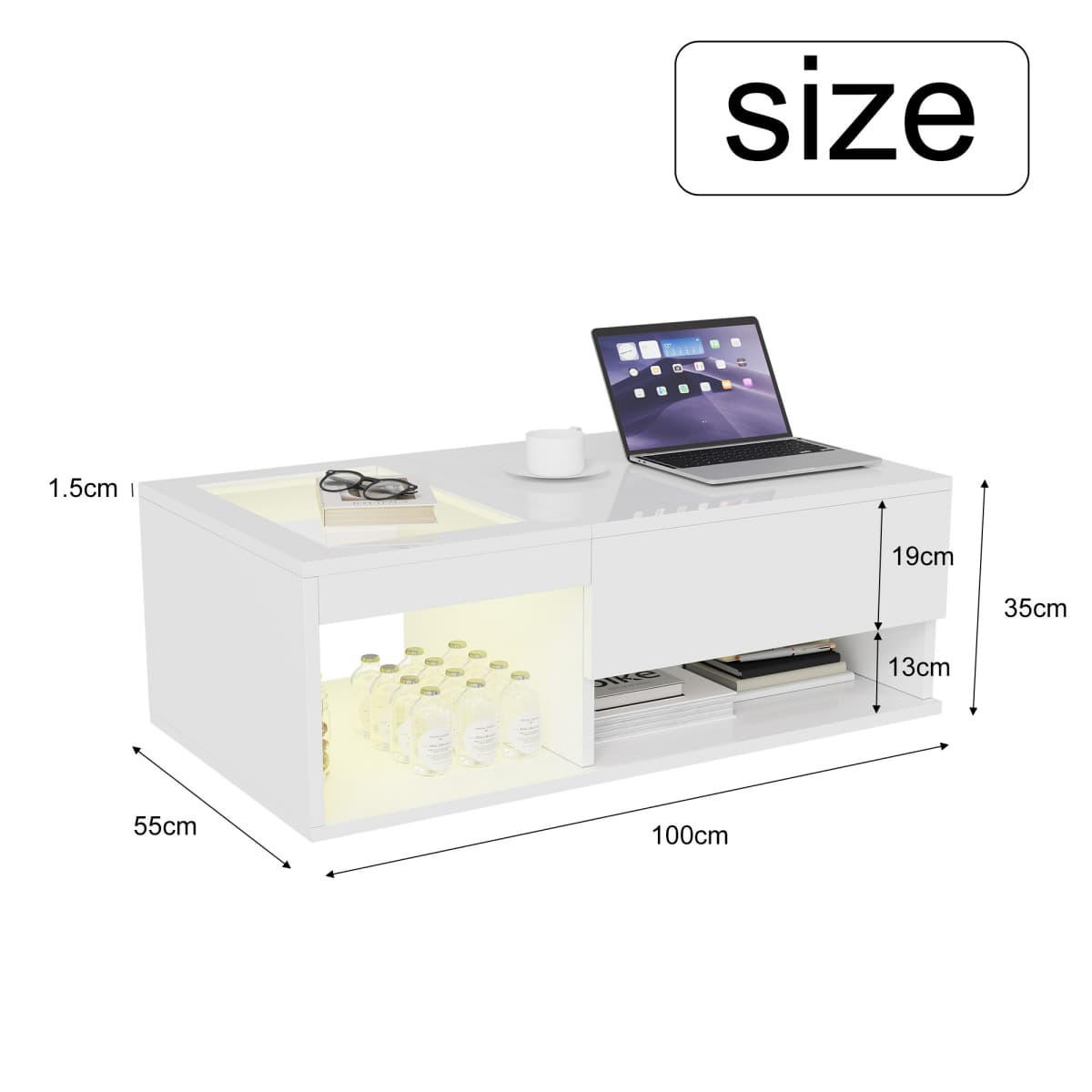 HÖHENVERSTELLBARER COUCHTISCH WEISS MIT LED Hochglanz & Glas, 100x55x35cm - Weiß, Holz (100/55/35cm) - CASIVA