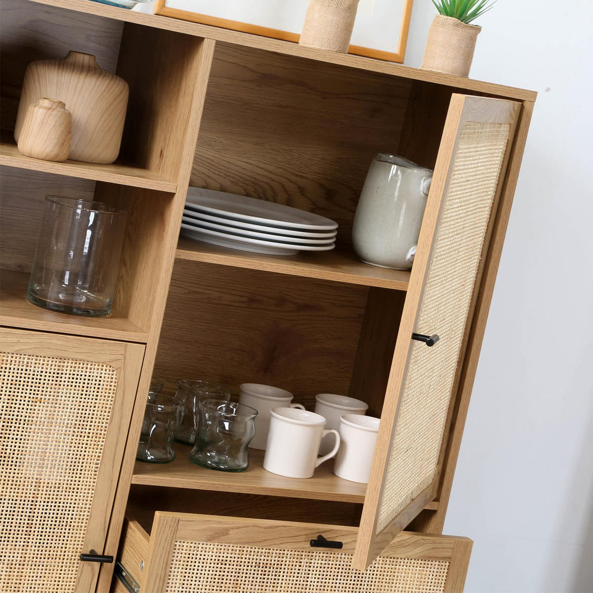 HOHE Buffetschrank mit Rattanfronten - L100 x H120 cm - JAYA - Eschefarben, Holzwerkstoff (40/120/55cm) - Calicosy