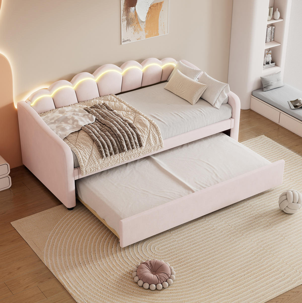 TAGESBETT 90/200 cm rosa mit ausziehbarem Bett und LED-Beleuchtung - Rosa, Textil (90/200cm) - OKWISH