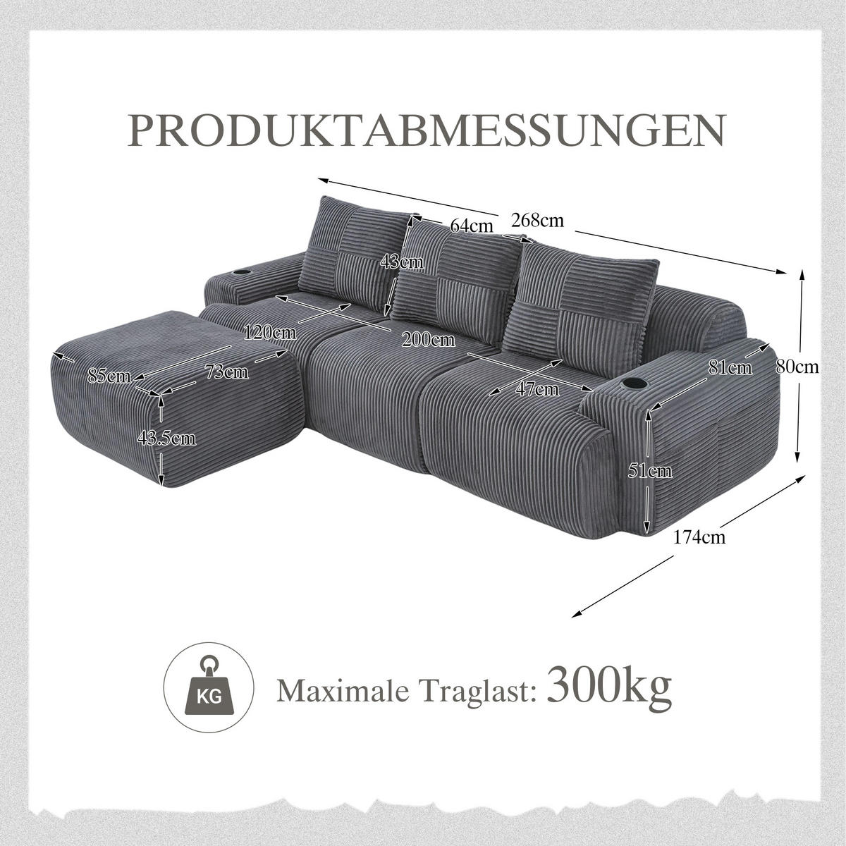 MODULARES Cordsofa 3-Sitzer mit Hocker Getränkehalter und Tasche 268/174/80 cm Dunkelgrau - Dunkelgrau, Textil (174/268cm) - Redom