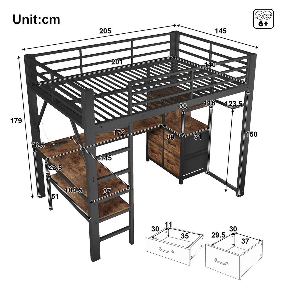 HOCHBETT aus Metall und MDF 140x200 cm Vintage-Braun-Schwarz mit Schreibtisch, LED und 7 Stoffschubladen - Schwarz, Metall (140/200cm) - Modfu