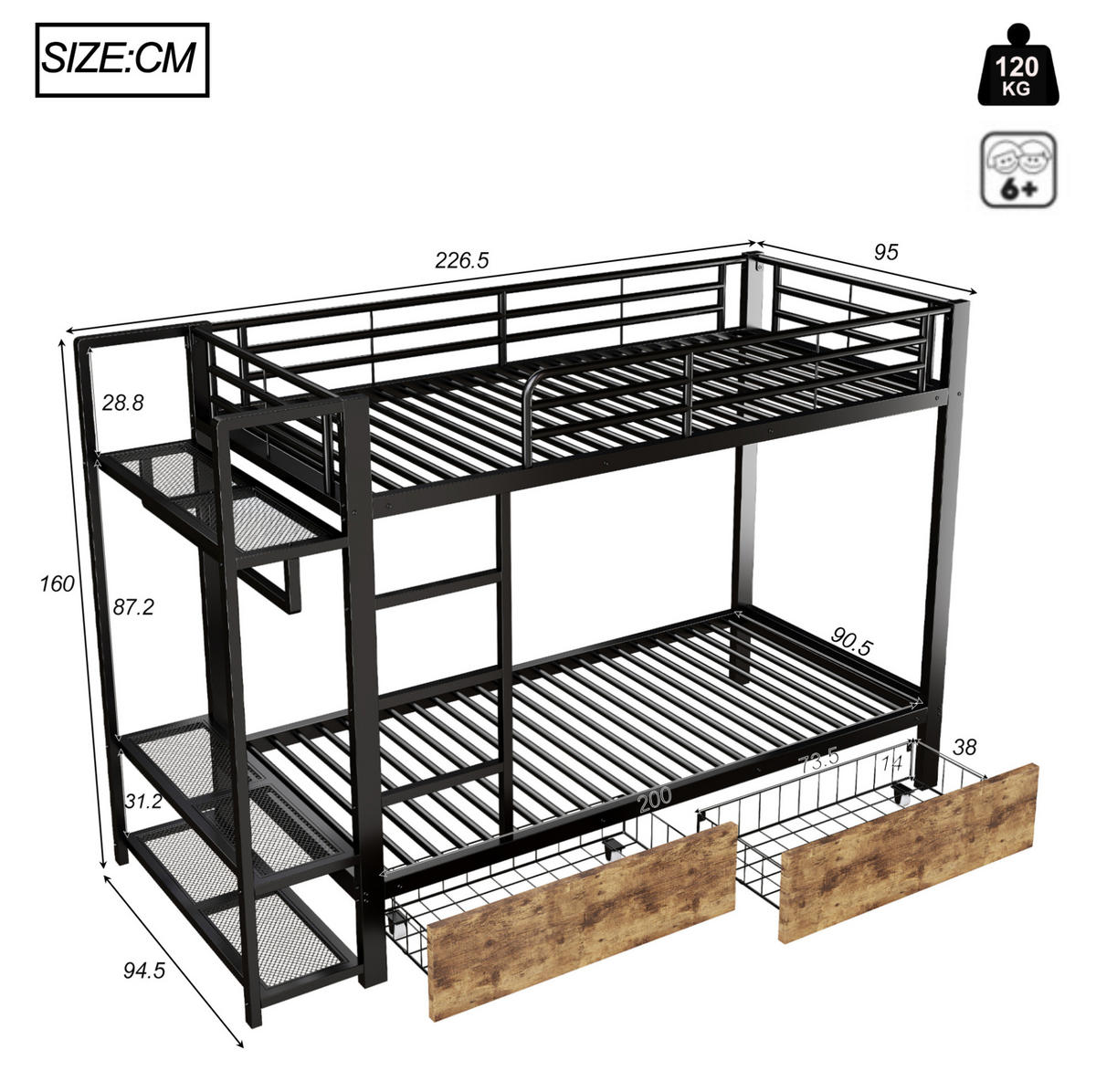 ETAGENBETT 90/200 cm schwarz aus Metall und MDF mit LED und Stauraum - Schwarz, Metall (90/200cm) - OKWISH