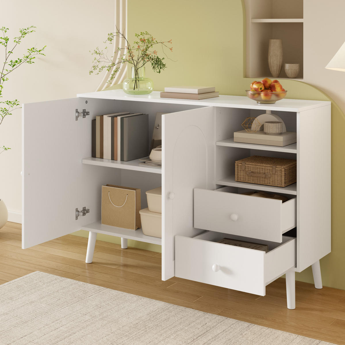 SIDEBOARD in Weiß mit Schubladen und offenen Fächern für Wohnzimmer, B118/T35/H82 cm - Weiß, Holzwerkstoff/Metall (118/82/35cm) - STILVORA