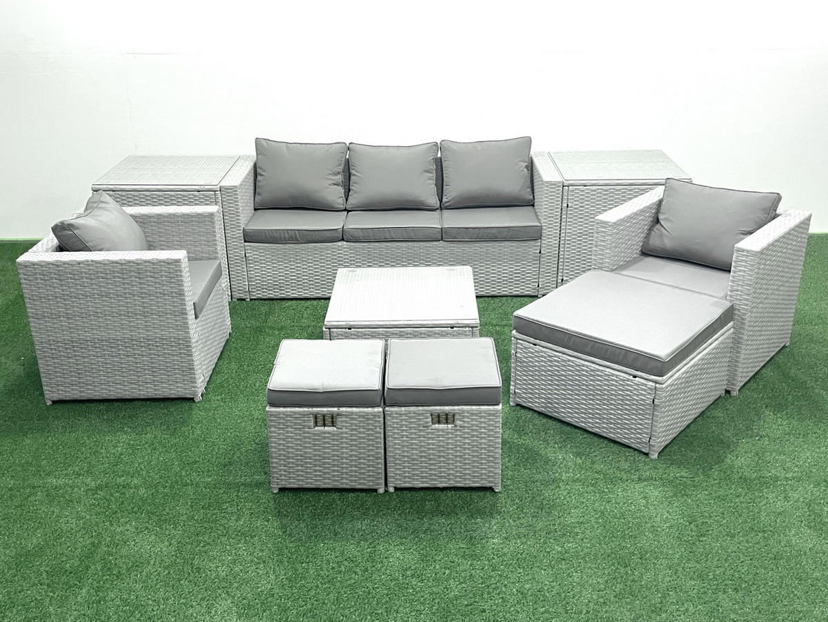 GARTENMÖBEL-SET mit Kissen Polyrattan Hellgrau-Mix 8-Sitzer - Hellgrau/Grau, Glas/Kunststoff - Fimous