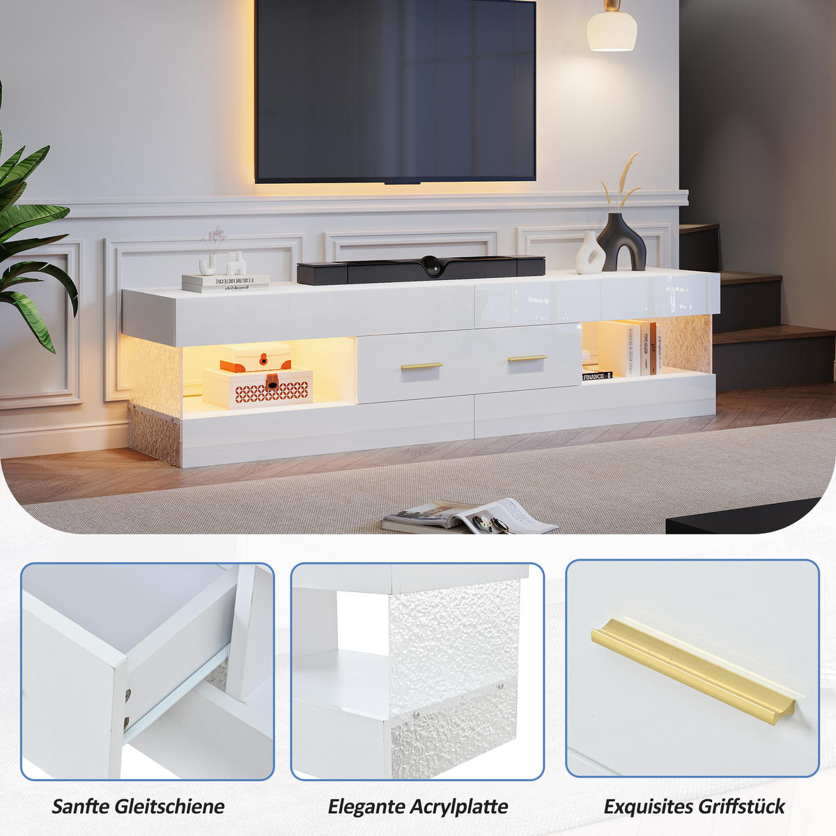 LOWBOARD in Weiß, TV Schrank mit LED, Offenen Stauraum und Schubladen, 152/35/40cm, für Wohnzimmer - Weiß, Holzwerkstoff (152/40/35cm) - STILVORA