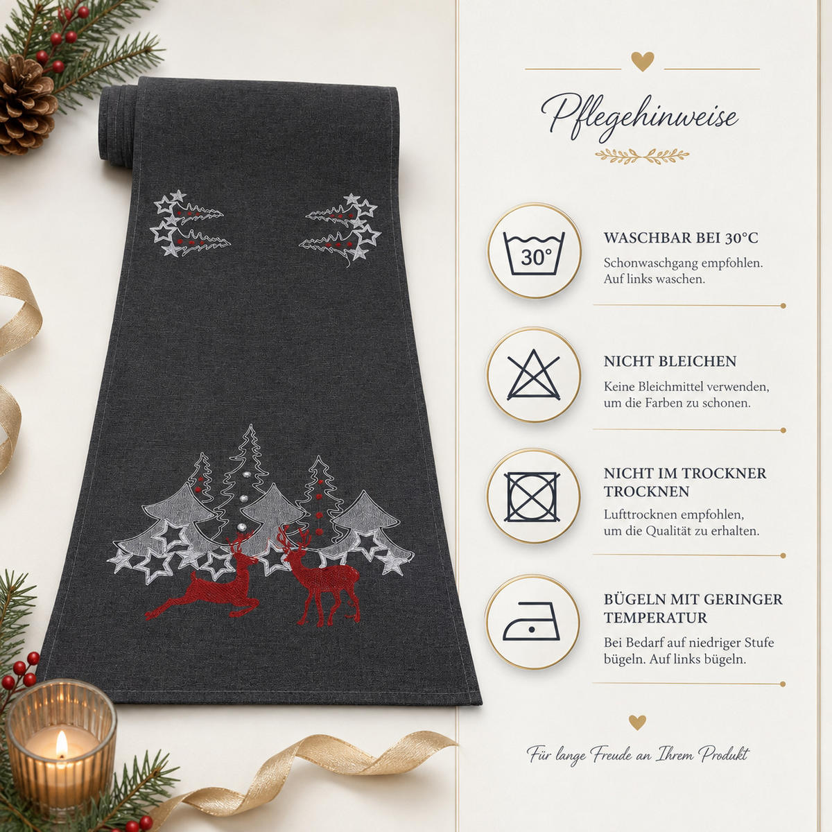 TISCHLÄUFER Weihnachten 40/225 cm Anthrazit Hirsch - Anthrazit, Textil (40/225cm) - TiborTex
