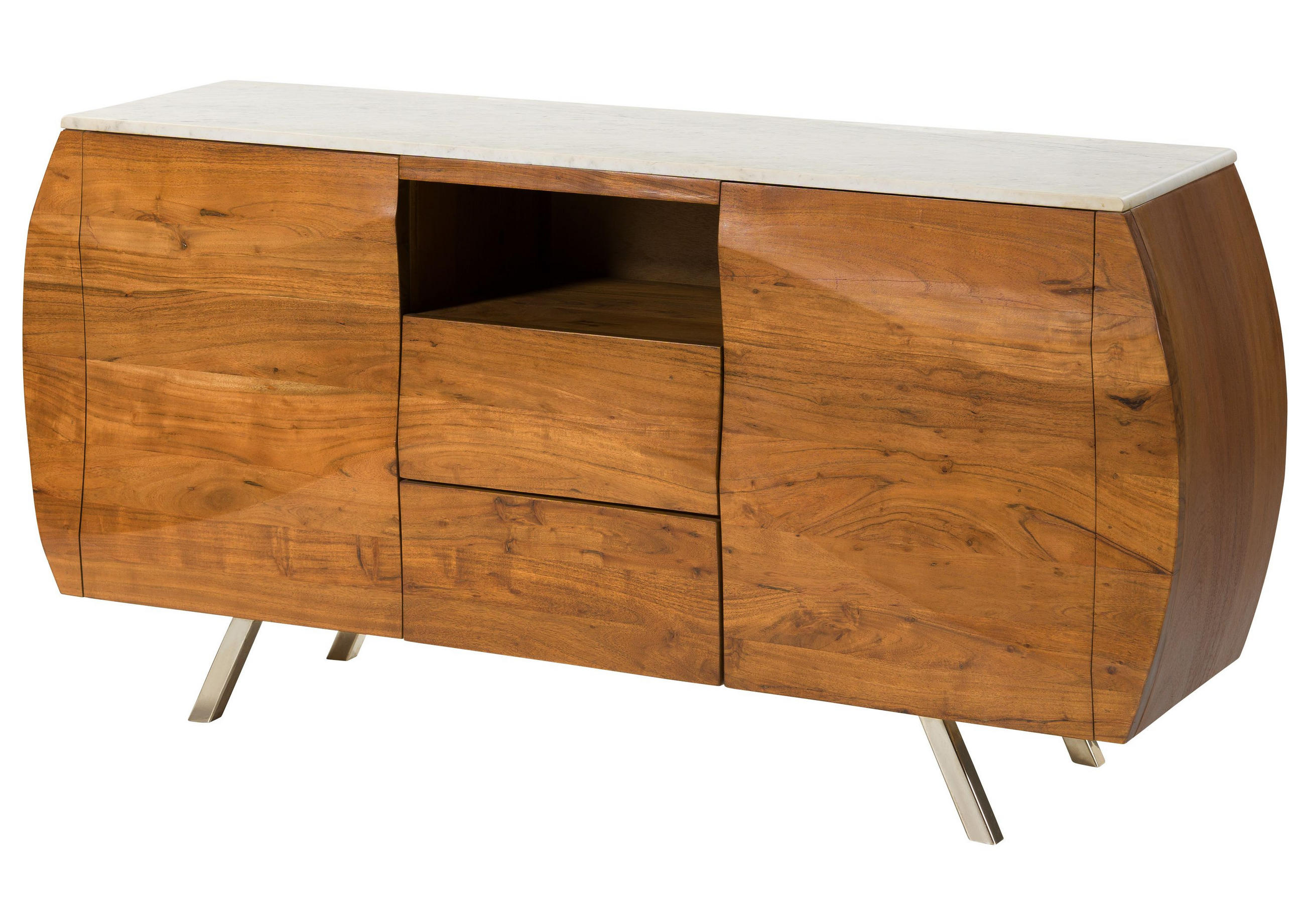 SIDEBOARD Akazie 154x40x75 natur lackiert / Marmor weiß MONTREAL #126 - Braun, Holz (154/75/40cm) - Massivmoebel24