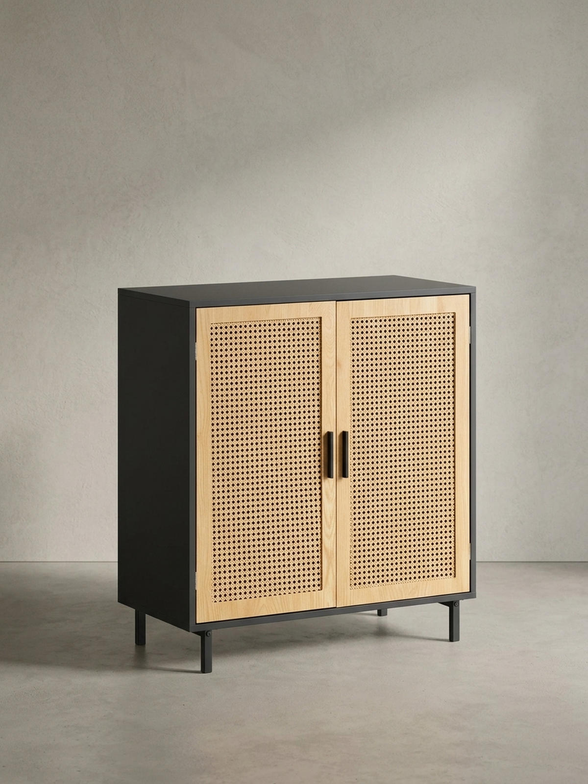 SIDEBOARD – Schwarz, 80x86,5x40 cm, mit Wiener Geflecht, 2 Türen, hoch - Schwarz, Holzwerkstoff/Metall (80/87/40cm) - KADIMA DESIGN