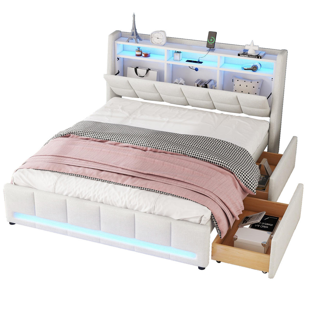 TAPECIRANI krevet 140/200 cm s LED osvjetljenjem, USB priključkom i ladicama, Beige - bež, tekstil (140/200cm) - Redom
