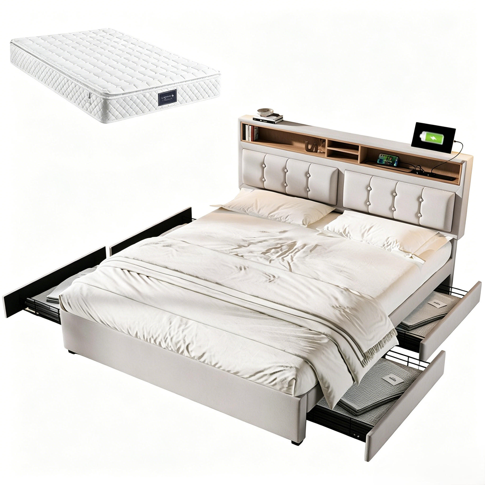 POLSTERBETT 4 Schubladen Höhenverstellbares Kopfteil 160×200cm - Beige, Textil (160/200cm)