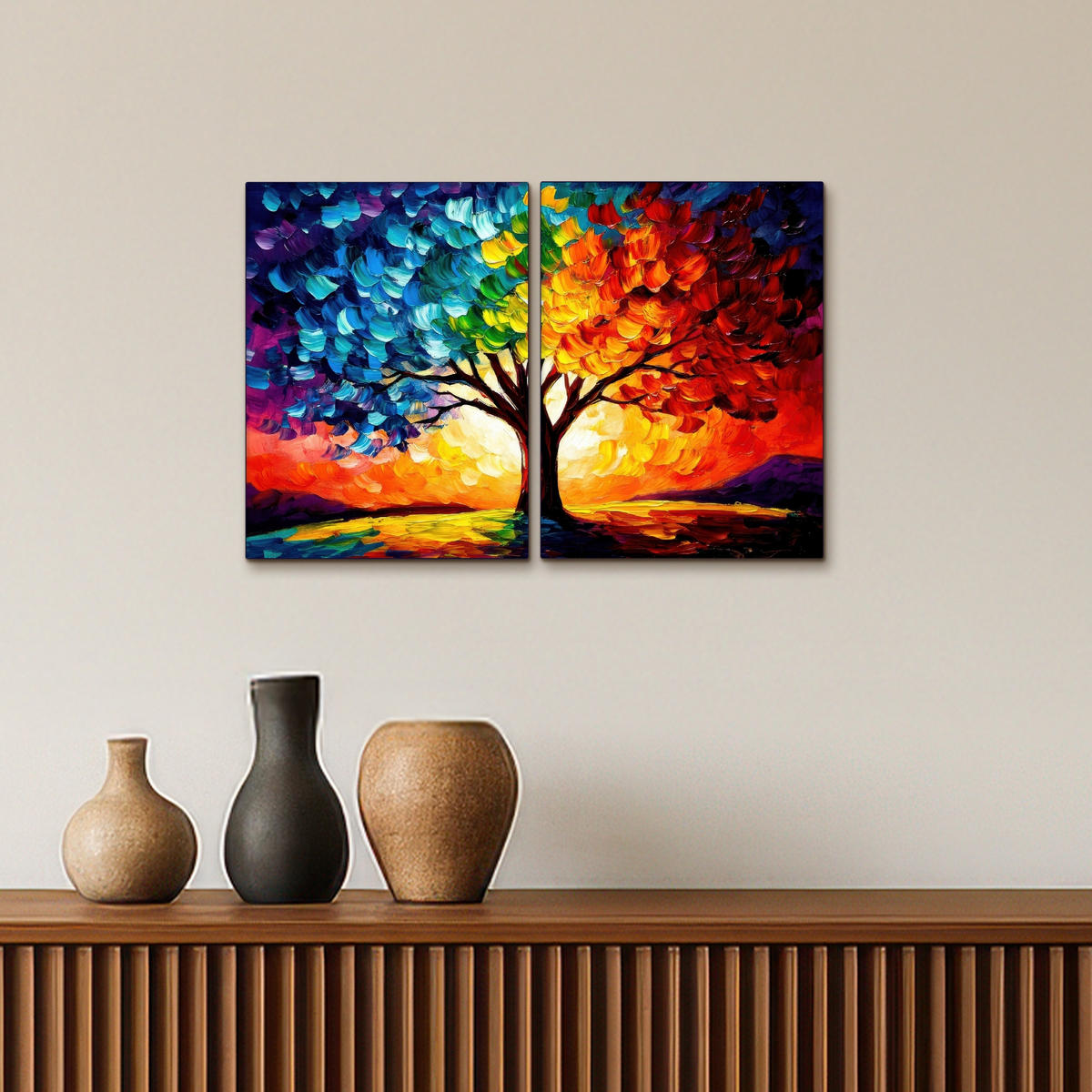 LEINWANDBILD 2er Set Baum - Farbenfroh - Malerei-Look - Abstrakt 60x40 cm - Multicolor, Textil (60/40cm) - MuchoWow