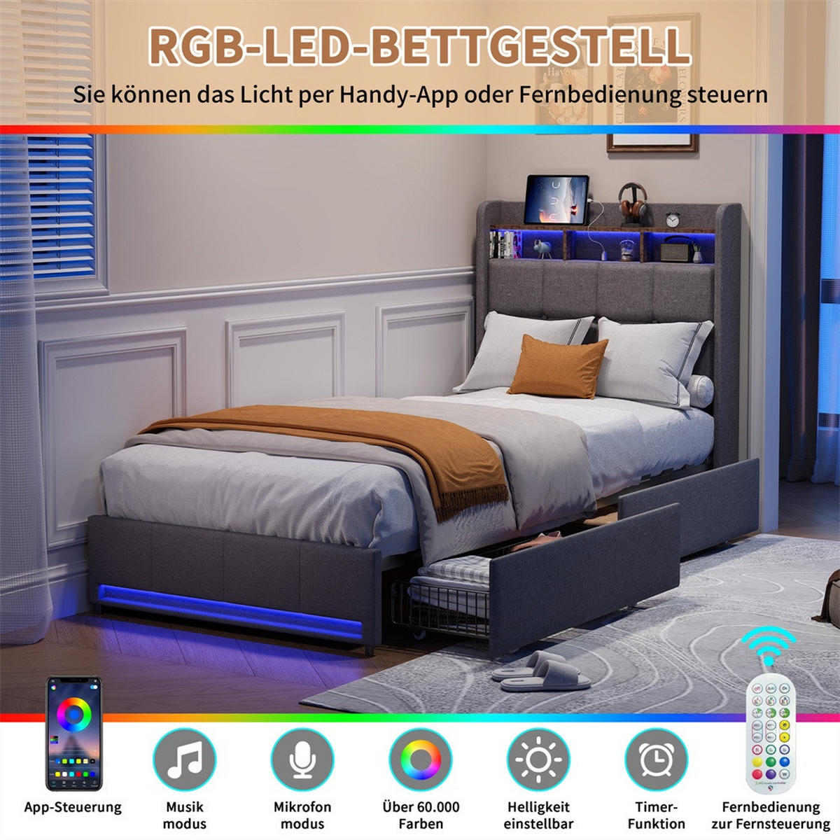 POLSTERBETT 90x200cm mit 2 Schubladen - Einzelbett - RGB-LED-Beleuchtung Ladestation - ohne Matratze - Grau - Grau, Textil (90/200cm) - DELFA