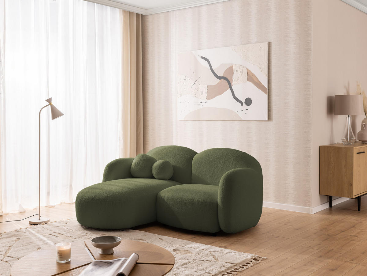 ECKSOFA Nuvola mit abgerundetem Design Grün Bouclé-Stoff - Ottomane Links - Schwarz/Grün, Holz/Kunststoff (190/146cm) - S-Style Möbel