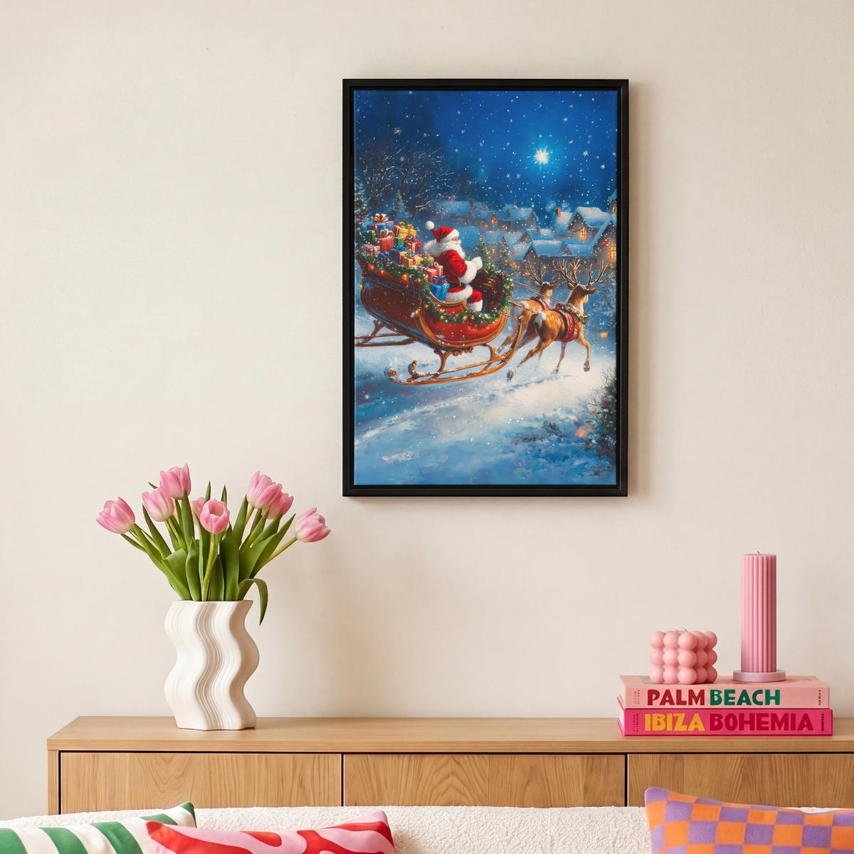 LEINWAND Bilder mit Rahmen - Weihnachtsmann - Rentier - Weihnachten - Schnee - 20x30 - Cognac, Textil (20/30cm) - MuchoWow
