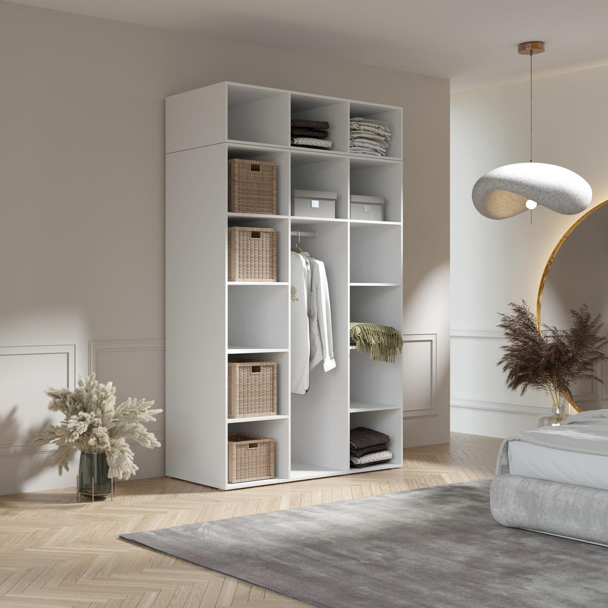 AUFSATZ für Schrank Napoli 3D 150 Weiß (schwarzer oder goldener Griff) - Silberfarben/Schwarz, Holzwerkstoff/Kunststoff (150/35/60cm) - mzm24