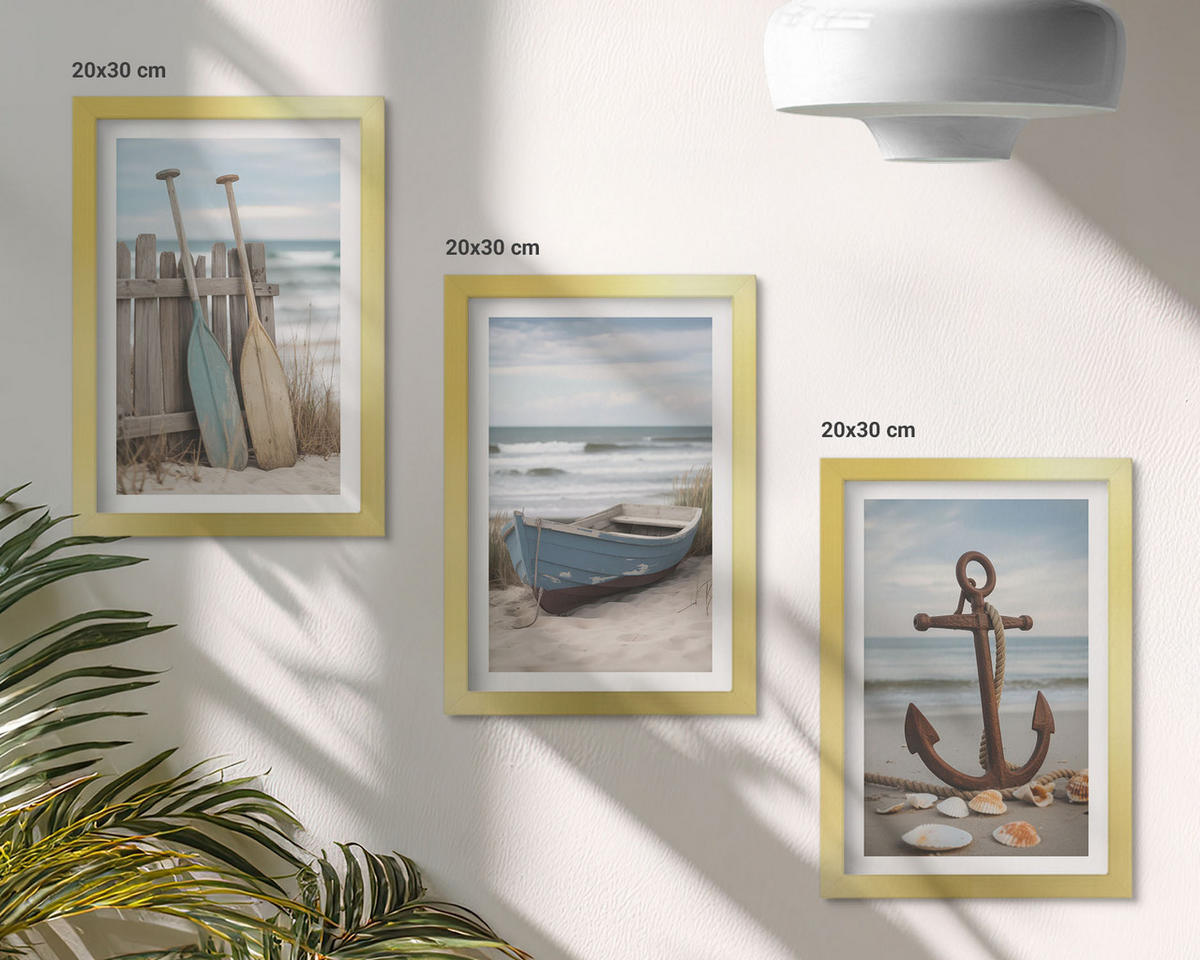 BILDER SET 3er Set - 20x30 cm Goldrahmen - Strandbootanker Sand - Goldfarben, Kunststoff (20/30cm) - TULUP
