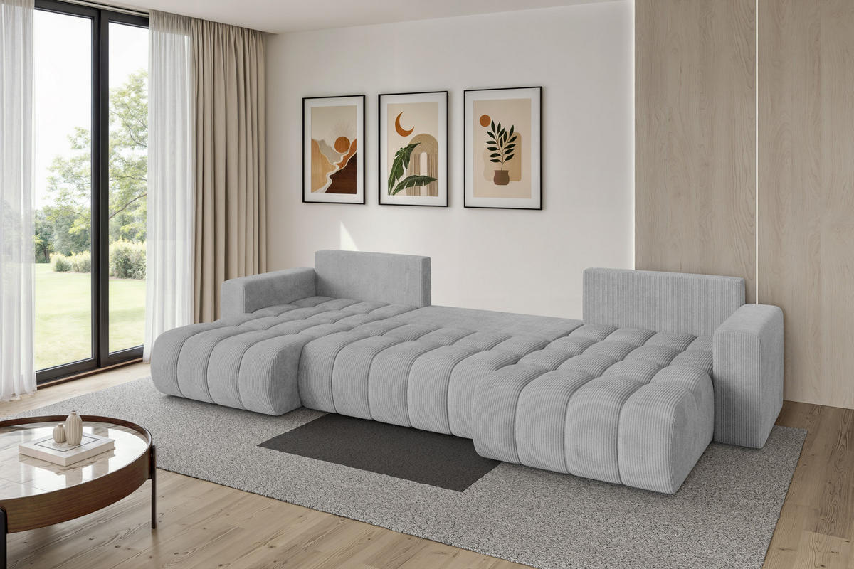 SEDACÍ SOUPRAVA DO U s funkcí spaní a úložným prostorem MILA-U-v1 378x194x86 šedá manšestr - šedá/černá, kompozitní dřevo/textil (378/86/194cm) - ALTDECOR