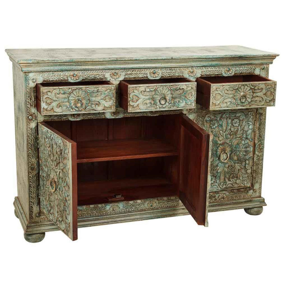 ANRICHTE aus Geschnitztes Holz, grün, 147x45x96 - Multicolor, Holz (147/96/45cm) - Wanderlust