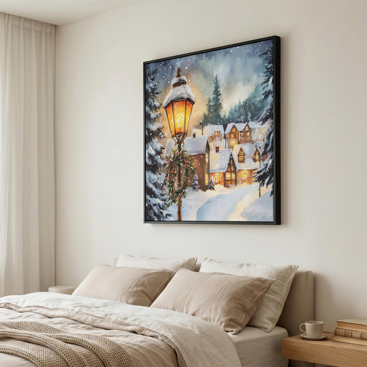 LEINWAND Bilder mit Rahmen - Weihnachtsdorf - Häuser - Schnee - Weihnachten - 90x90 - Sandfarben, Textil (90/90cm) - MuchoWow
