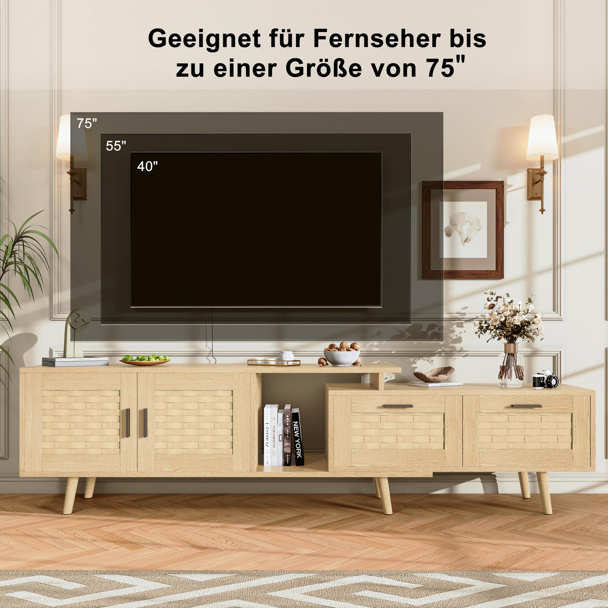 TV-SCHRANK 180x30x44 cm in Rattanoptik mit Schubladen und Türen - Naturfarben, Holz (30/44/180cm) - PARAFTA HOME