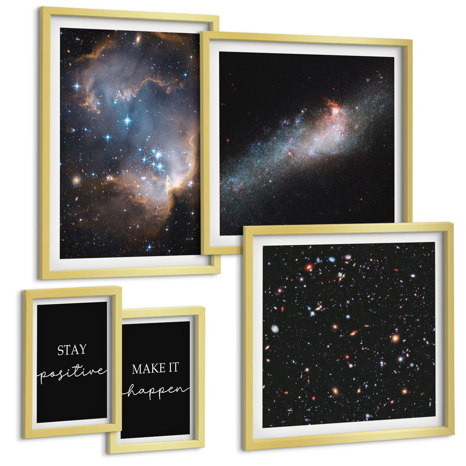 BILDER SET 5er Set - 50x50 cm & 20x30 cm & 40x60 cm Goldrahmen - Motivationsslogans Sterne Weltraum - Goldfarben, Kunststoff (40/60cm) - TULUP