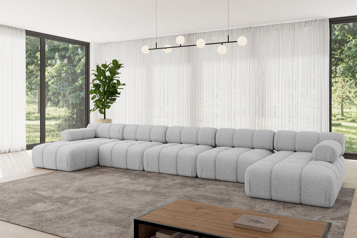 WOHNLANDSCHAFT modulares Sofa Tesso-U3 - 475x160x70 cm Hellgrau Bouclé - Hellgrau, Holzwerkstoff/Textil (475/70/160cm) - ALTDECOR