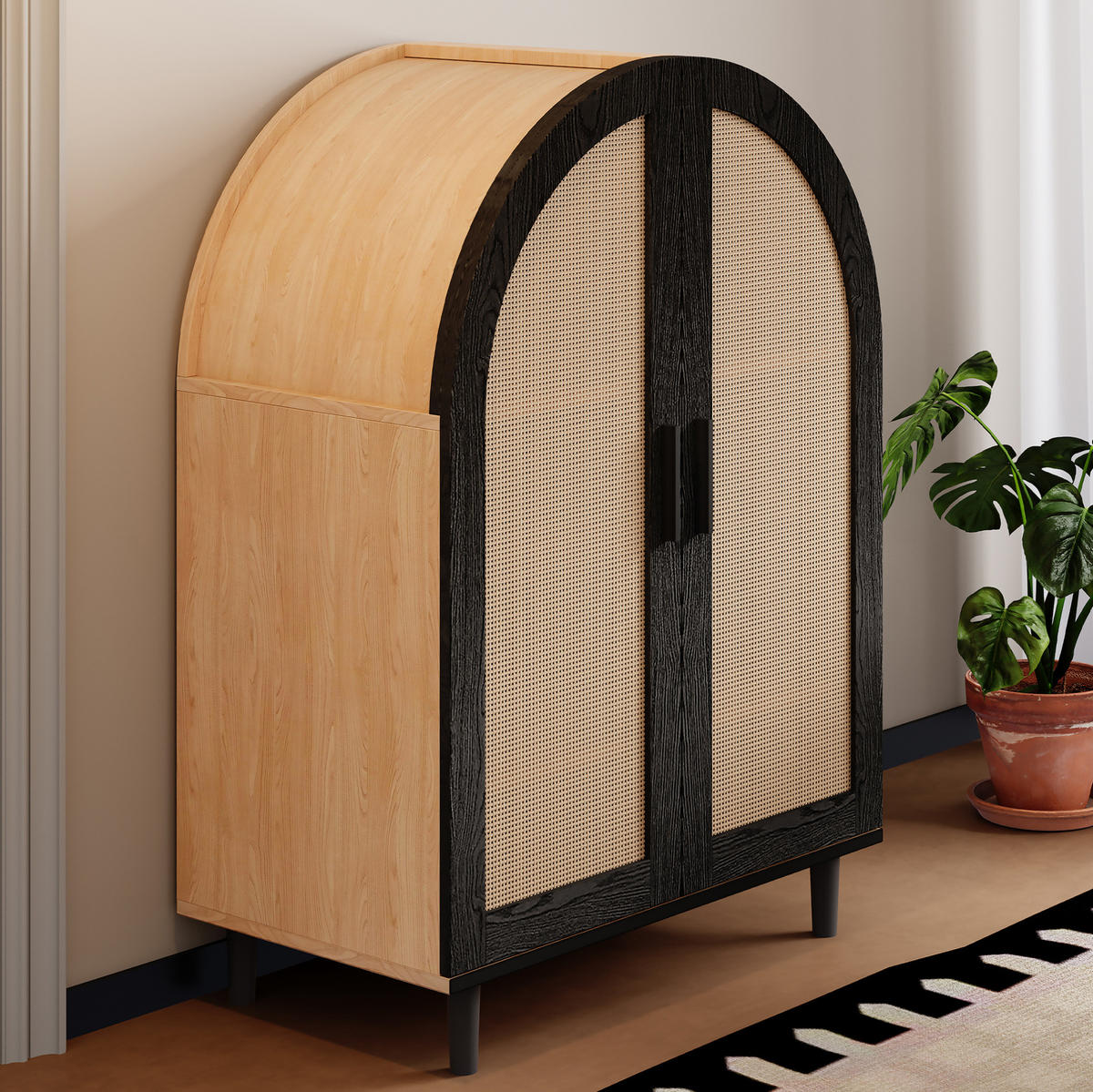 SCHUHSCHRANK 70/100/40 cm Natur/Schwarz aus MDF und Holzwerkstoff mit Rattantüren - Naturfarben, Holzwerkstoff (70/40/100cm) - OKMYHOME